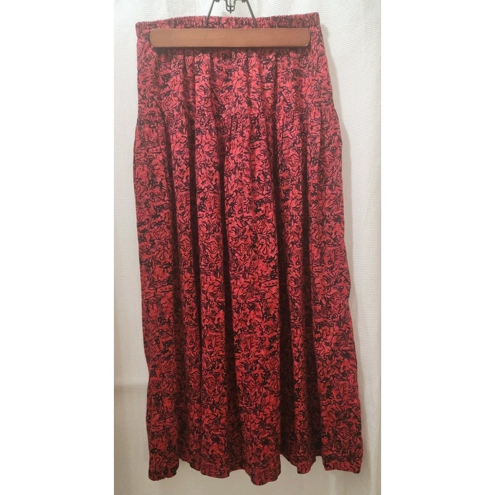 Vintage 80s Women's Via Max Red Skirt Black Design Elastic Waist Size MED‎